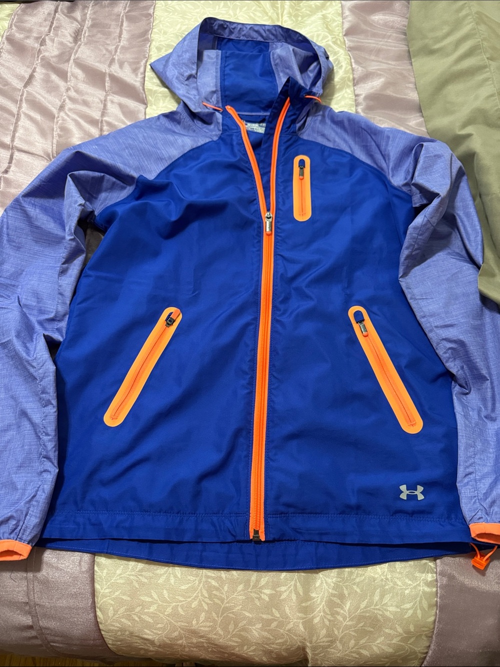 Under Armour Royal Blue and Lavender Hooded Windbreaker with Orange Accents